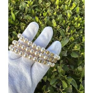 Three Strands Bracelet Gold Tone Rhinestone‎ & Faux Pearls